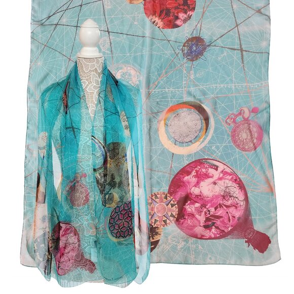 CHRISTIAN LACROIX SCARF TURQUOISE SILK GALACTIC PRINT FOULARD LONG 69" x 27"